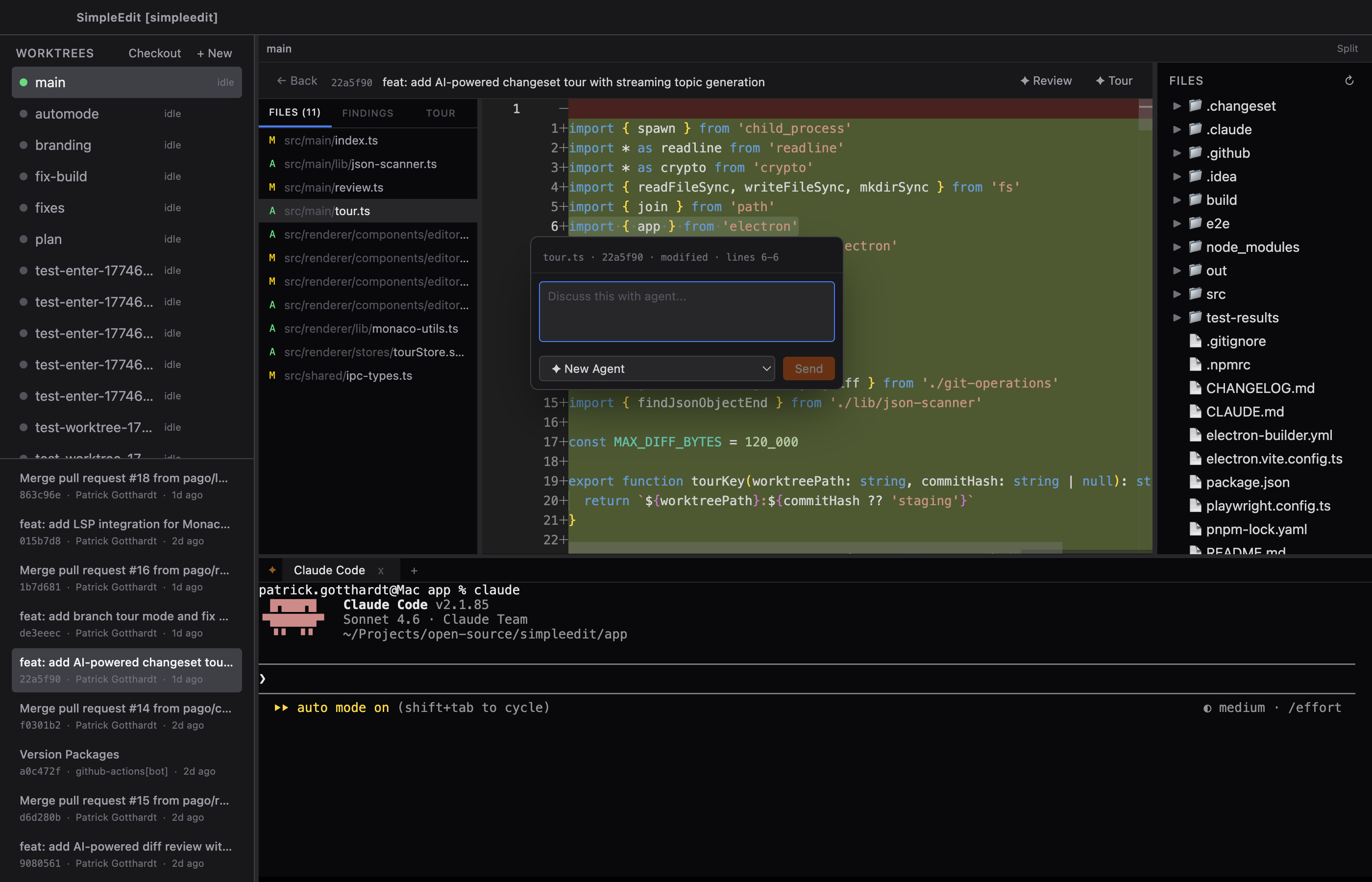 SimpleEdit IDE showing diff editor with Discuss with Agent popover