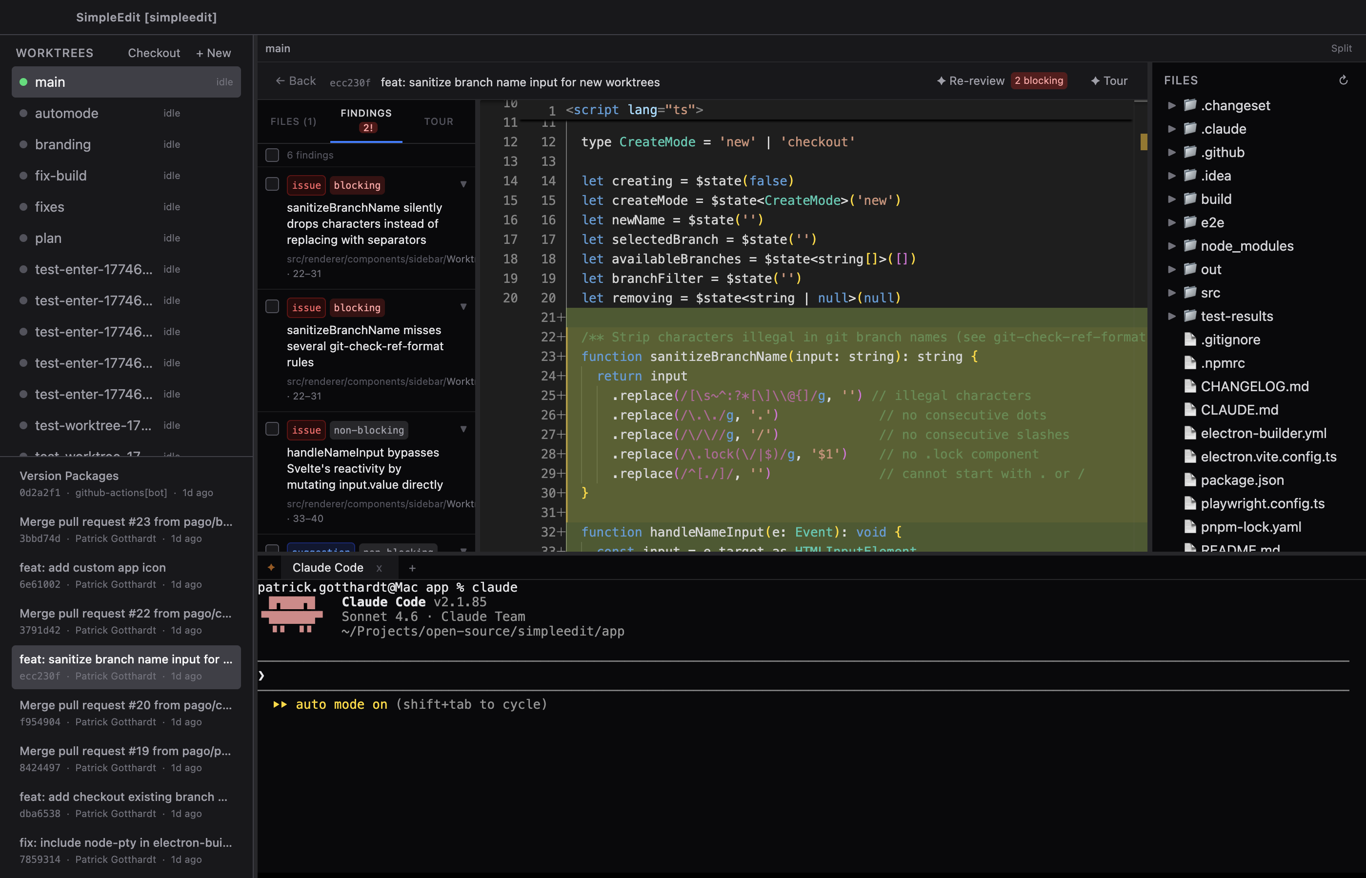 SimpleEdit AI review showing findings alongside a diff, with Claude Code in the terminal
